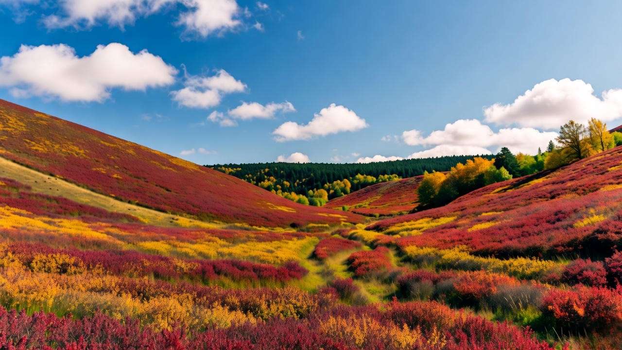 Autumn meadowland view in Carmel Hamlet NY with vibrant foliage and clear sky
