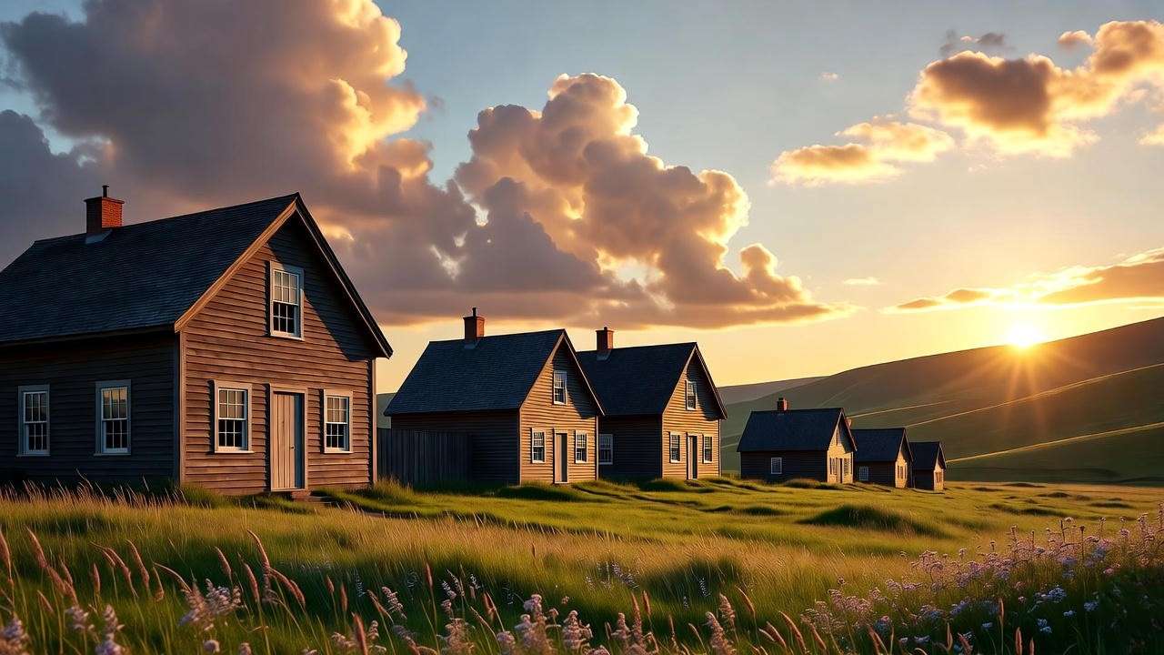 Historical Carmel Hamlet NY scene with wooden houses and meadowland backdrop