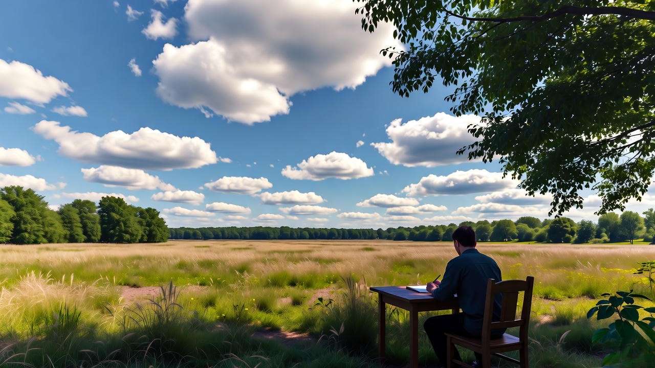 Creative retreat in Meadowland of Carmel NY with person sketching in open field