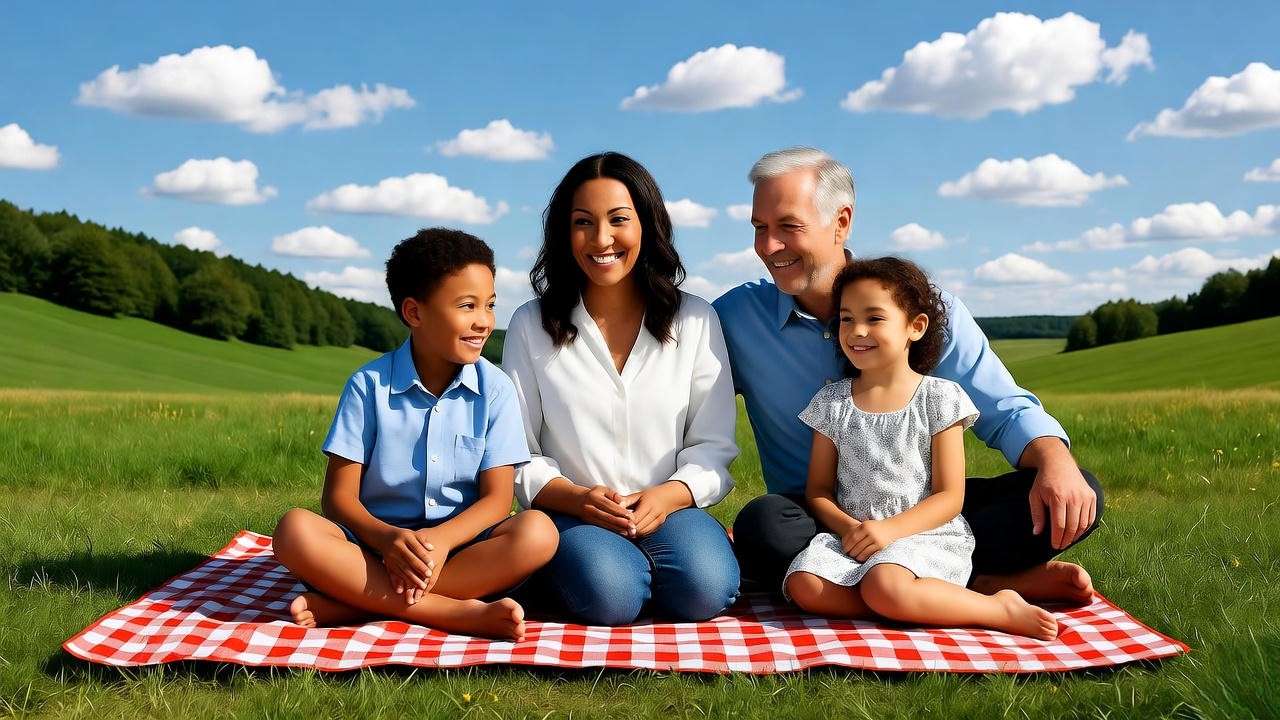 Family picnic in Meadowland of Carmel NY with green hills and sunny sky