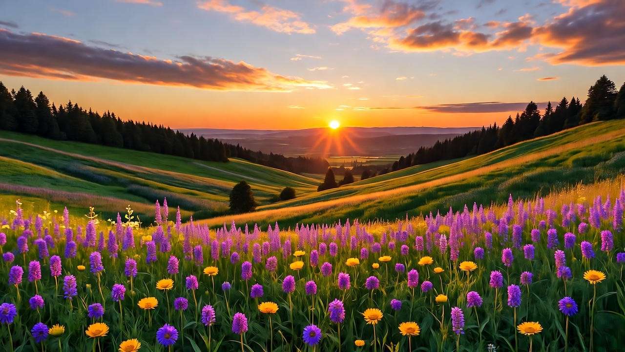 Sunset over Meadowland of Carmel NY with golden light and rolling hills