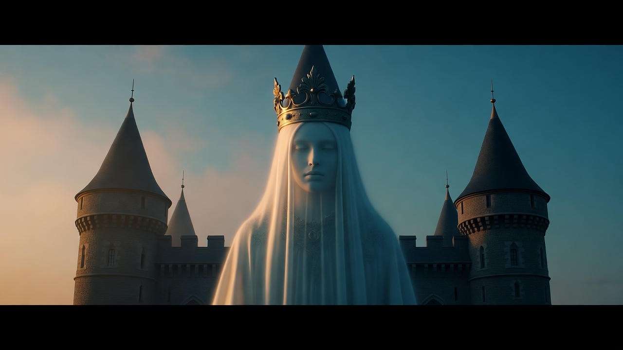 Eerie ghost emerging from misty castle in Hamlet plot summary scene