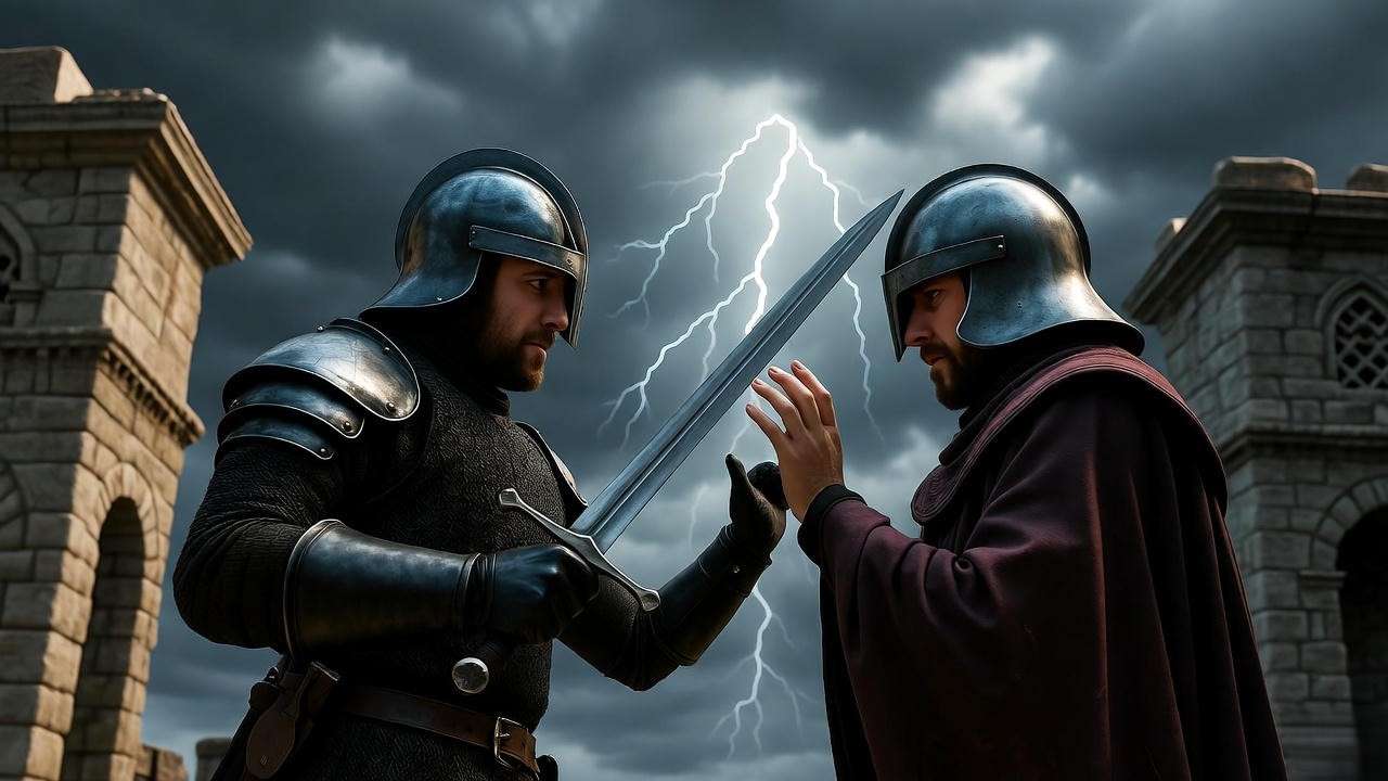 Medieval confrontation scene with sword in Hamlet characters section