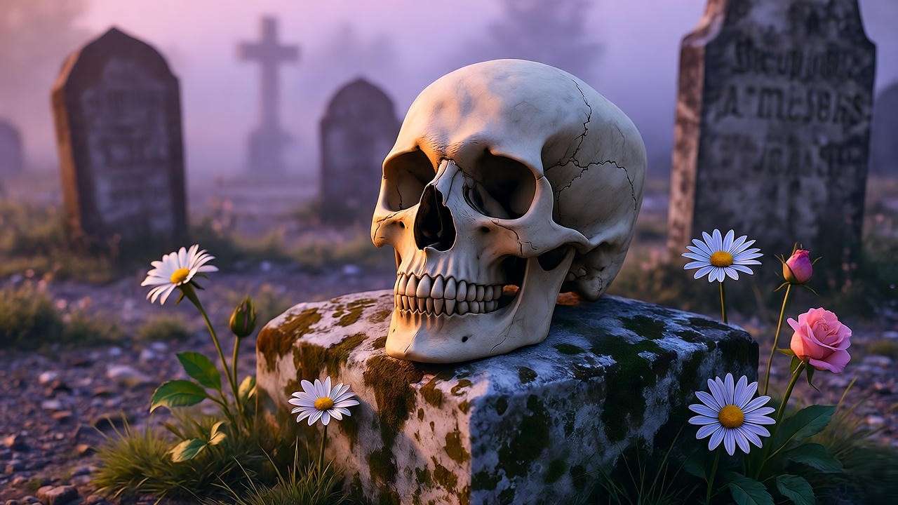Graveyard with skull symbolizing mortality in Hamlet themes