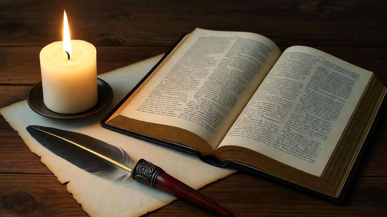 Open Shakespeare book with quill in Hamlet language section