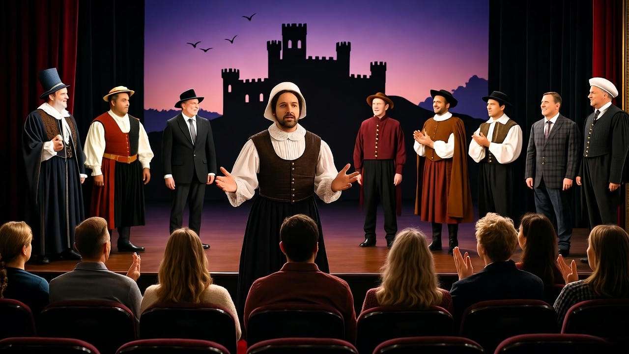 Theater performance of Hamlet in Commack with actors in Elizabethan costumes and engaged audience.