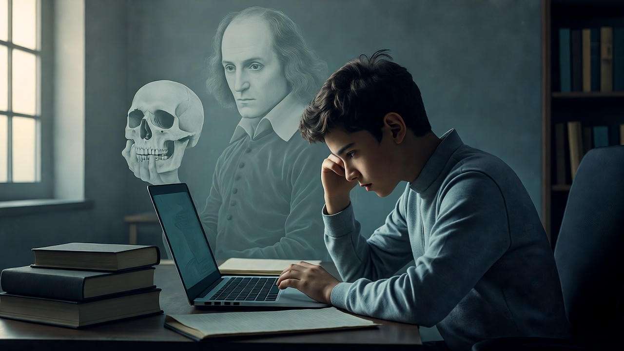 Young person at a desk with Hamlet’s silhouette in the background, symbolizing the timeless relevance of themes in Hamlet.
