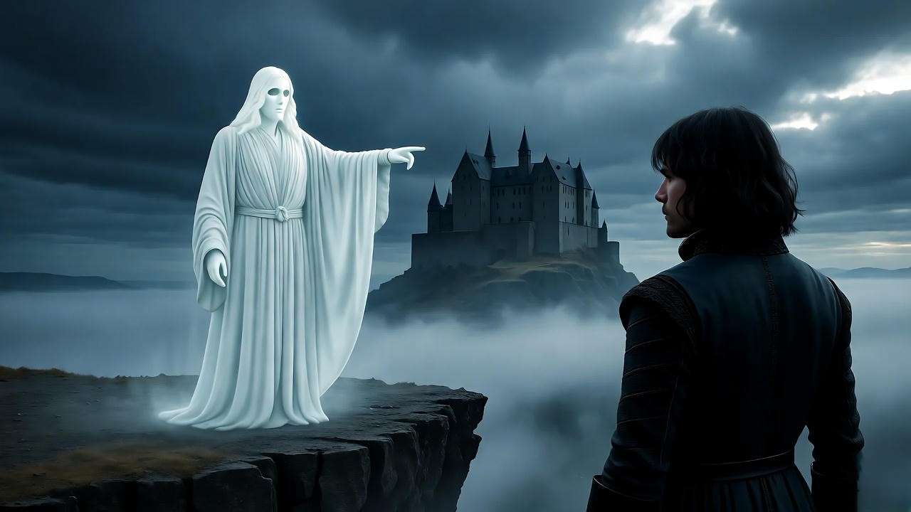 Hamlet confronting the ghost of King Hamlet on a cliff, symbolizing the theme of revenge and justice in Hamlet.