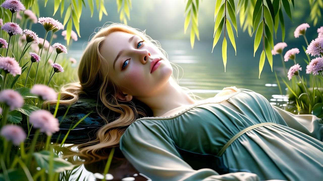 Ophelia floating in a stream with wildflowers, representing the theme of madness and sanity in Hamlet.