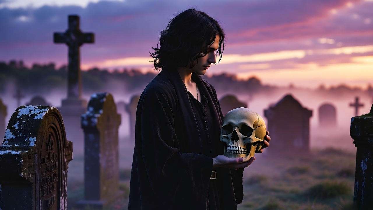 Hamlet holding Yorick’s skull in a graveyard, symbolizing the theme of mortality in Hamlet.