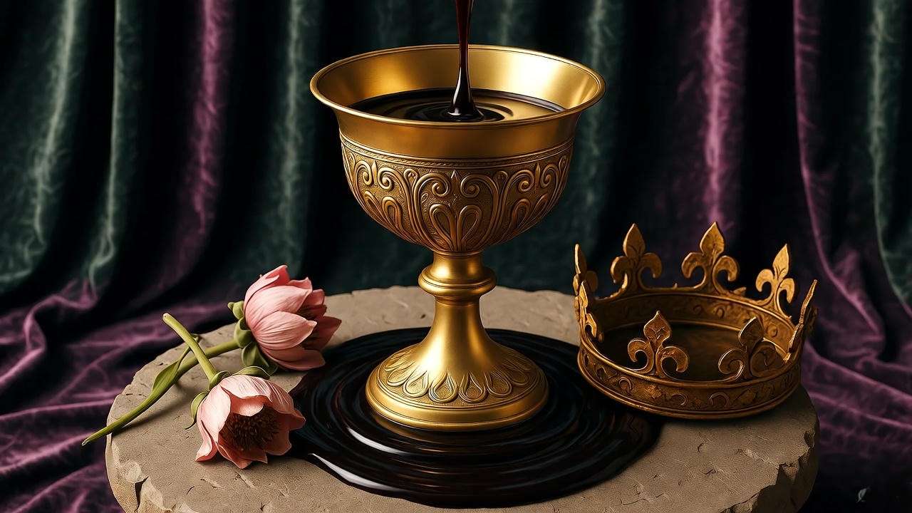 Chalice spilling toxic liquid with decaying crown, representing symbolism of corruption in Hamlet.