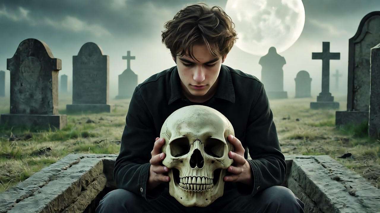 Hamlet holds Yorick’s skull in a misty graveyard, reflecting on mortality in a poignant scene from Shakespeare’s tragedy.