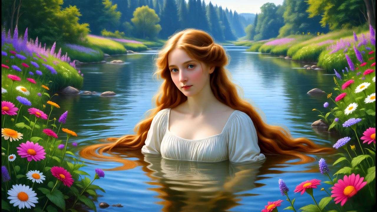 Ophelia floats in a river surrounded by flowers, embodying her tragic fate in a feminist reading of Shakespeare’s Hamlet.