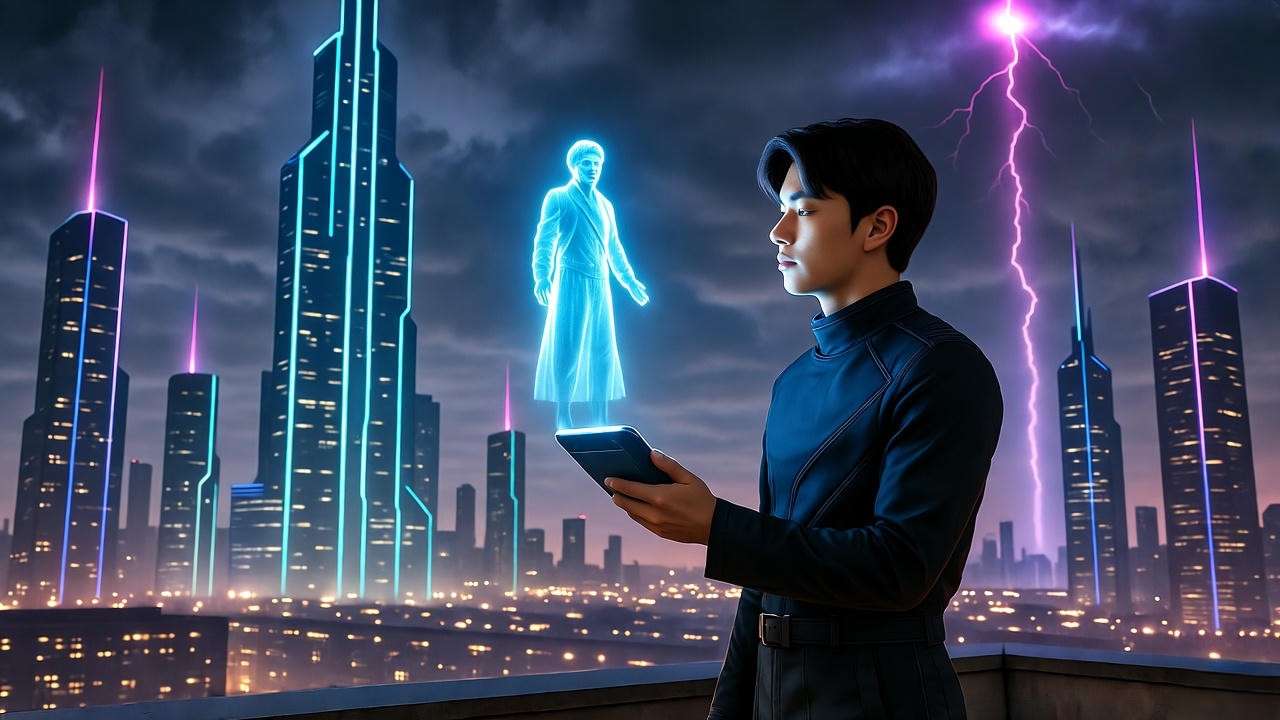 A futuristic Hamlet with a holographic ghost in a neon-lit city, reflecting modern adaptations of Shakespeare’s classic tragedy.