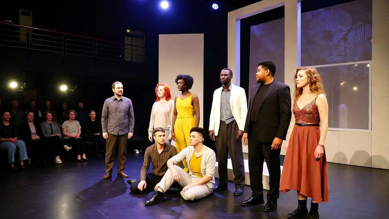 Modern East London theater staging a diverse production of Shakespeare’s play before a local audience.