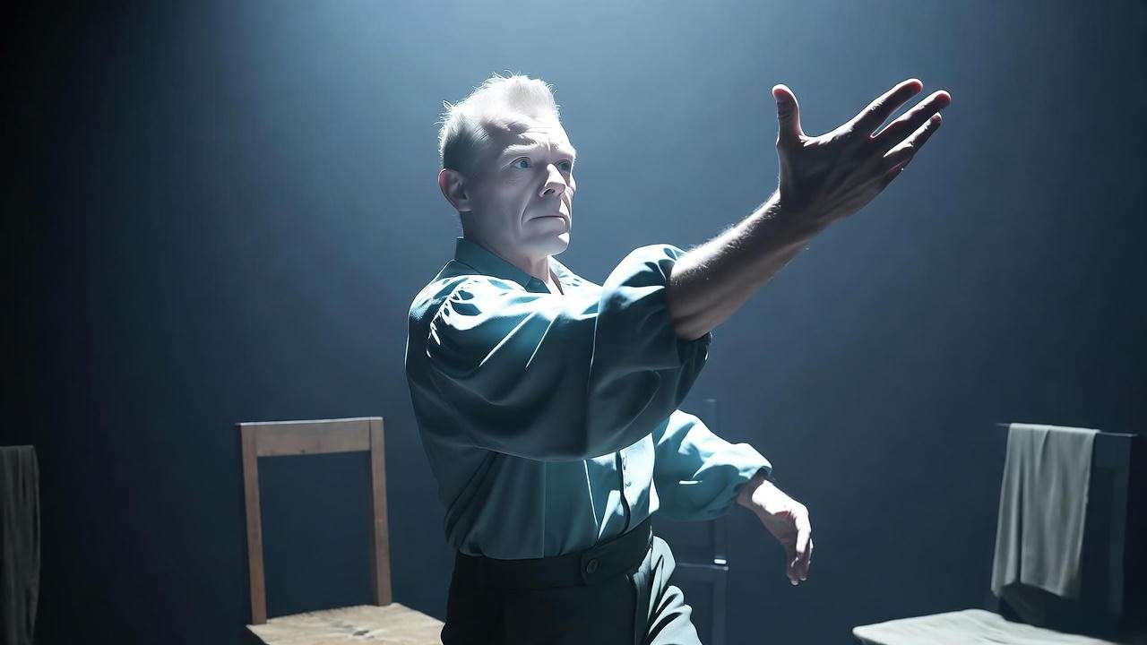 Solo performer on a minimalist stage in Eddie Izzard’s Hamlet, illuminated by a spotlight, evoking Shakespeare’s tragedy.