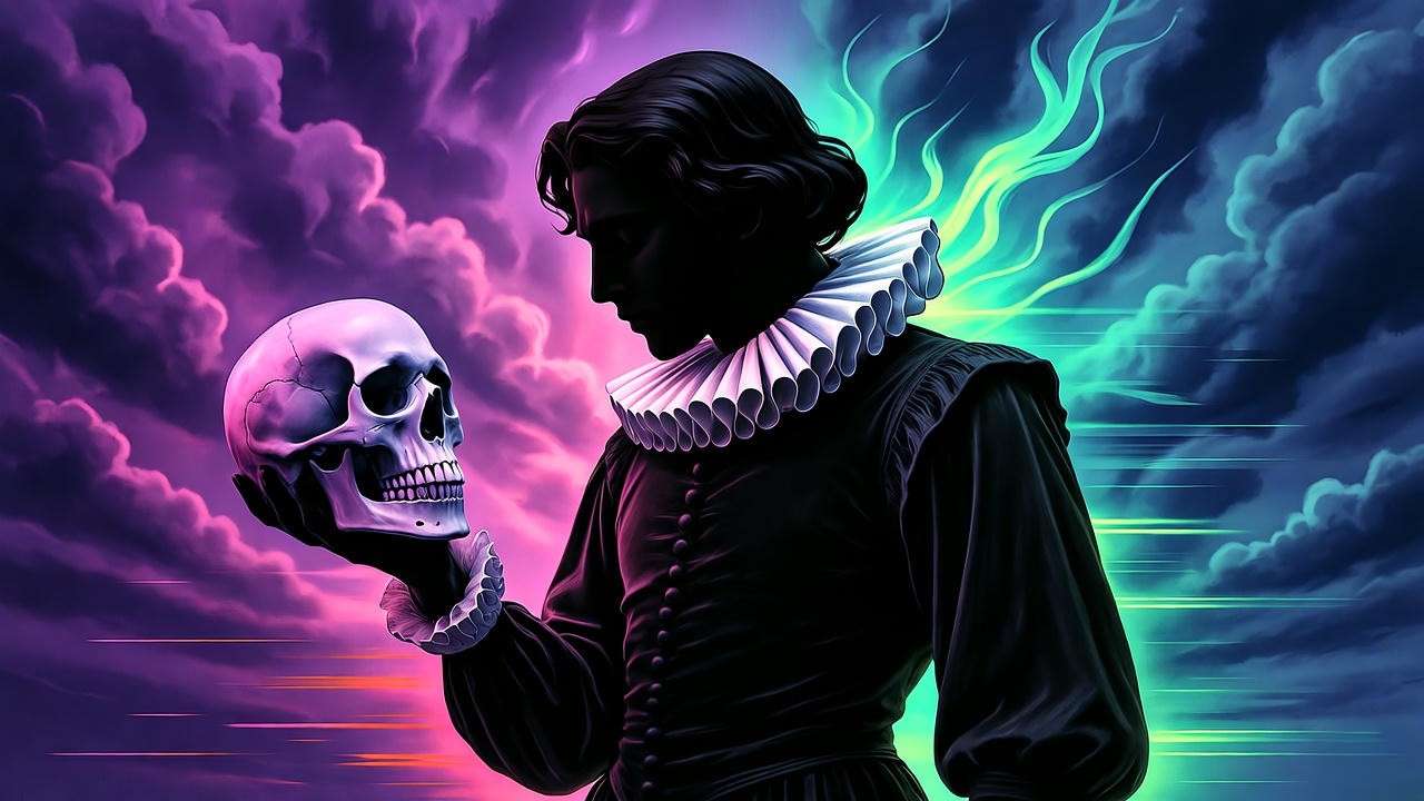 Silhouette of Hamlet with a skull against a modern, abstract background in Eddie Izzard’s Hamlet, symbolizing contemporary themes.