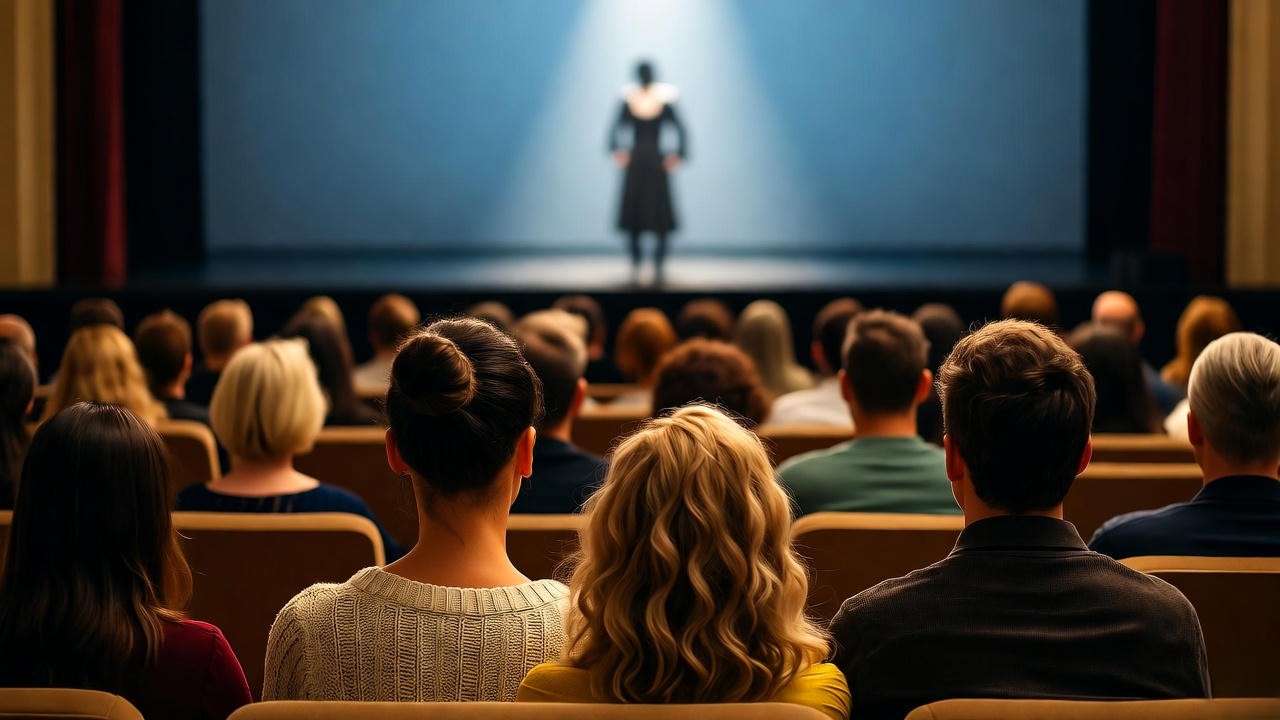 Diverse theater audience watching Eddie Izzard’s Hamlet, reflecting the production’s inclusive impact on modern Shakespearean theater.