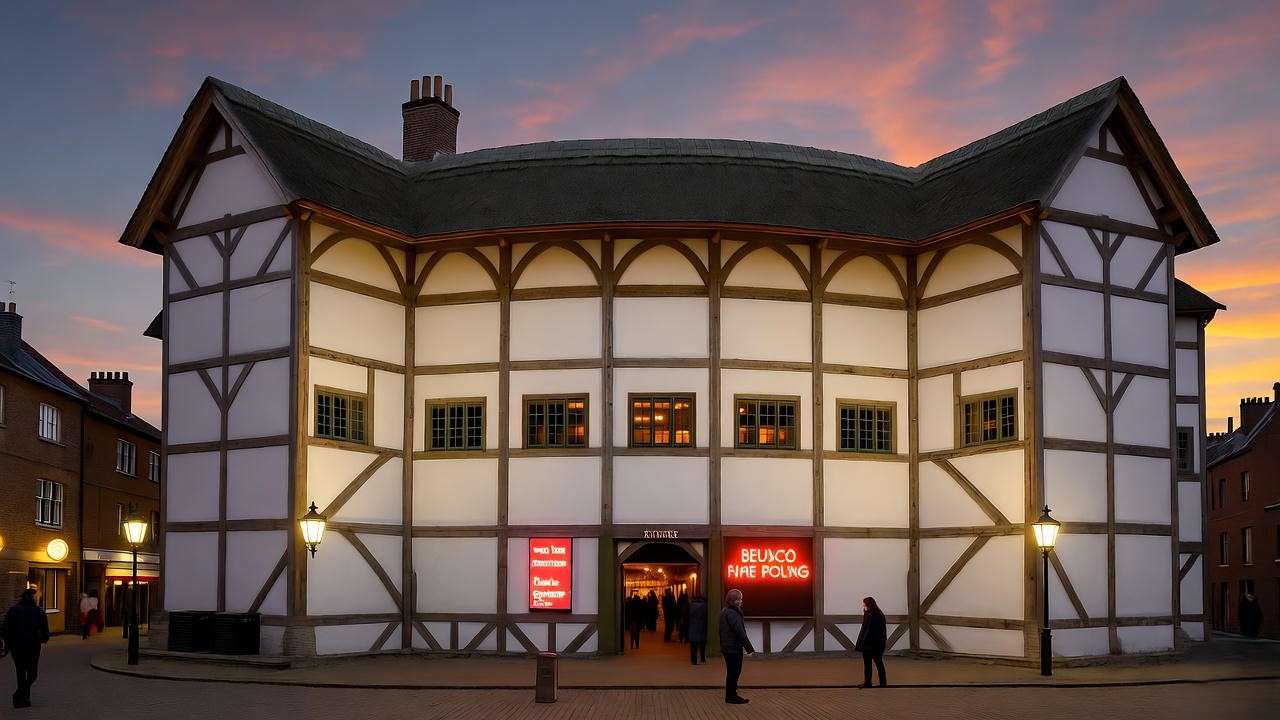 Modernized Globe Theatre at dusk, symbolizing the contemporary relevance of Eddie Izzard’s Hamlet performance.