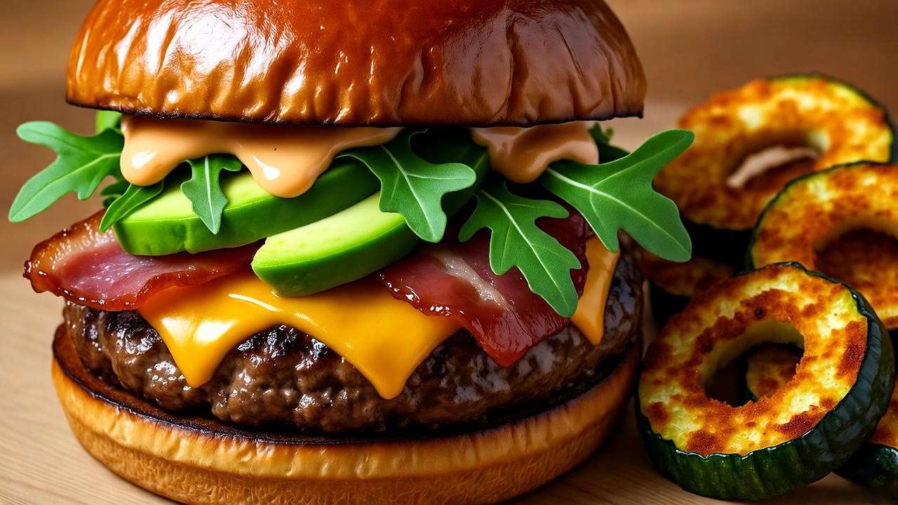 Gourmet burger inspired by Hamburger Hamlet Los Angeles, topped with avocado, bacon, and Zucchini Zircles on a brioche bun.