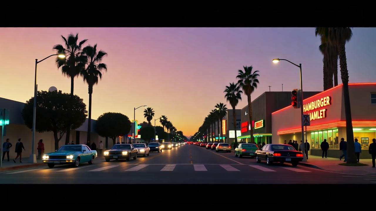 1970s Sunset Boulevard at dusk with Hamburger Hamlet Los Angeles signage, vintage cars, and neon lights.