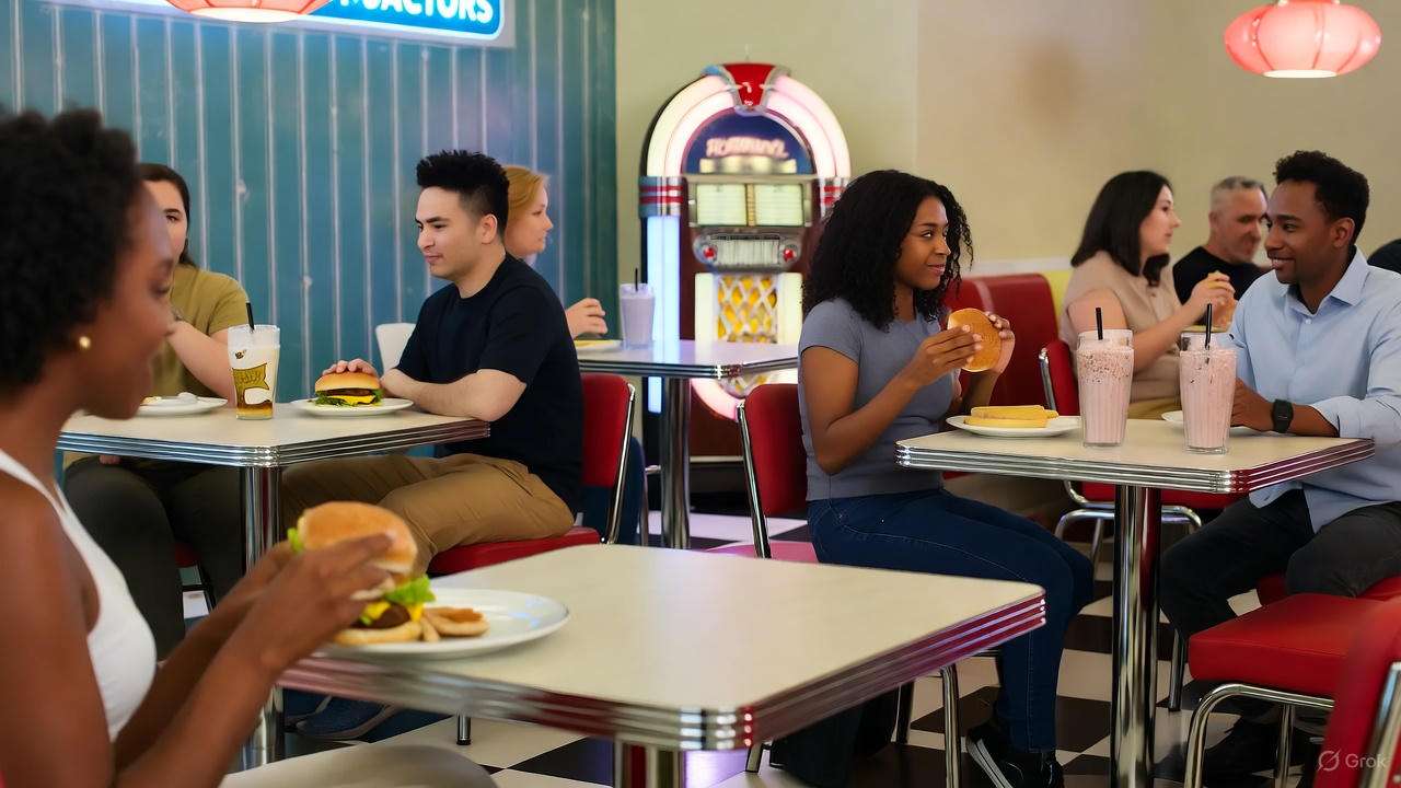 Modern Los Angeles diner inspired by Hamburger Hamlet Los Angeles, with retro decor and patrons enjoying burgers.