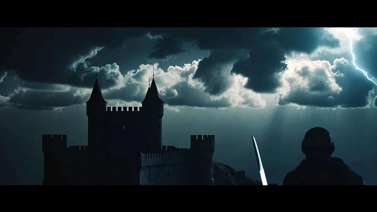 Silhouette of a medieval castle with stormy sky and shadowy figure holding a sword in Hamlet Act 4 setting