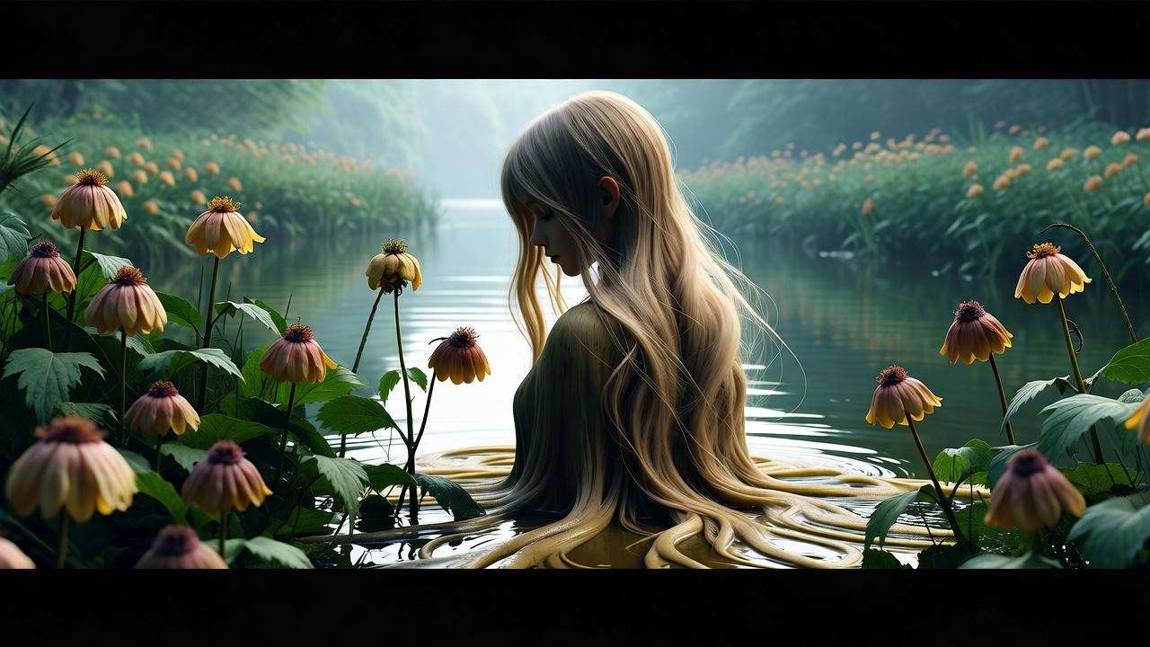 Melancholic young woman by river with wilted flowers symbolizing Ophelia’s madness in Hamlet Act 4