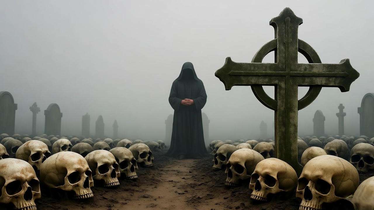 Contemplative figure in foggy graveyard with skulls and cross for Hamlet Act 4 mortality theme
