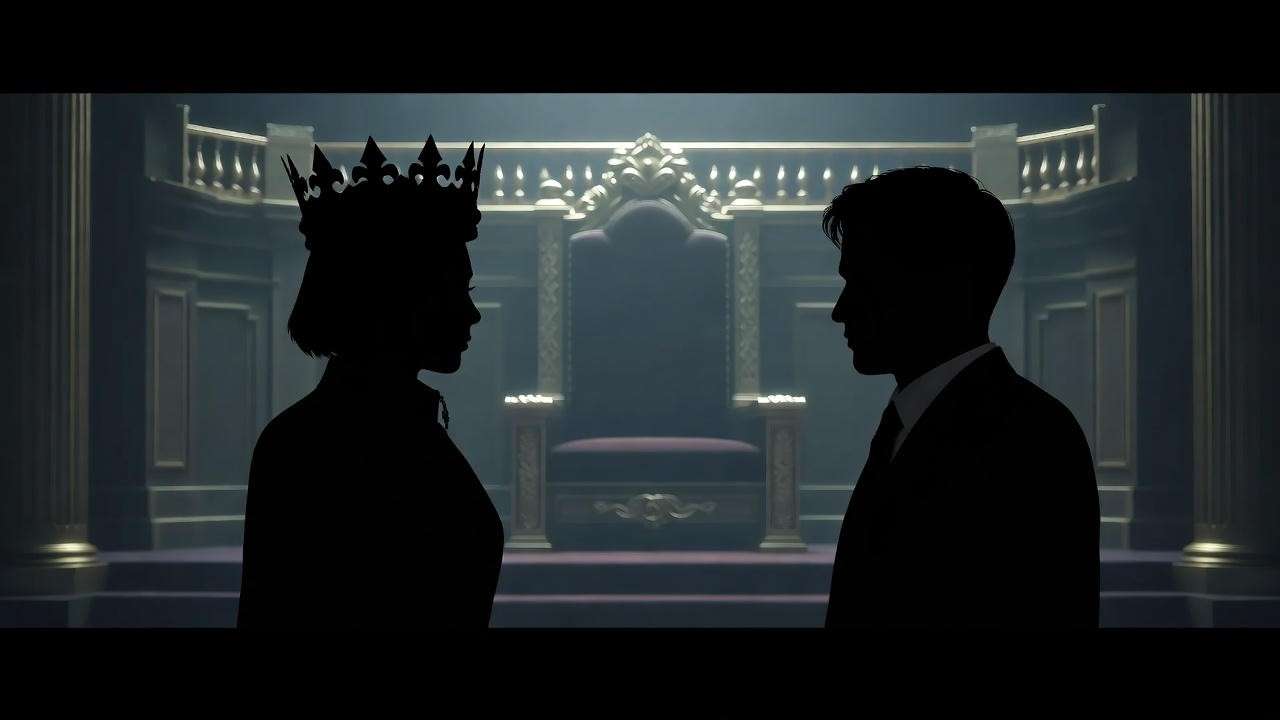 Tense confrontation of shadowy figures with crown in dark throne room for Hamlet Act 4 alliance