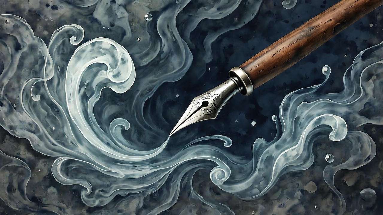 Abstract quill pen with flowing ink waves and shadows for Hamlet Act 4 literary devices