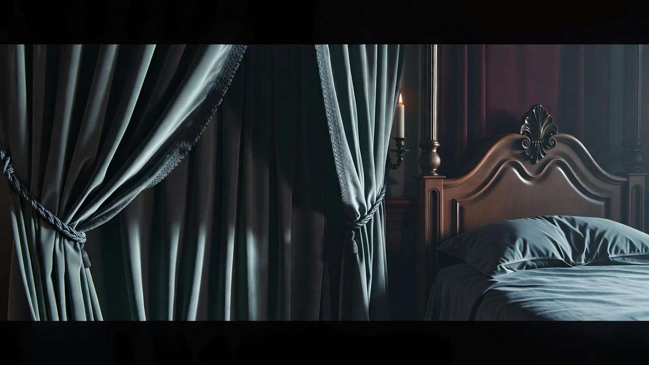Shadowy interior of Gertrude’s chamber in Elsinore Castle with drapes and arras in Hamlet.