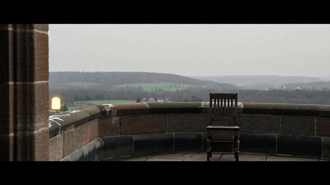 Secluded stone balcony in Elsinore Castle with misty Danish landscape for Hamlet’s soliloquies