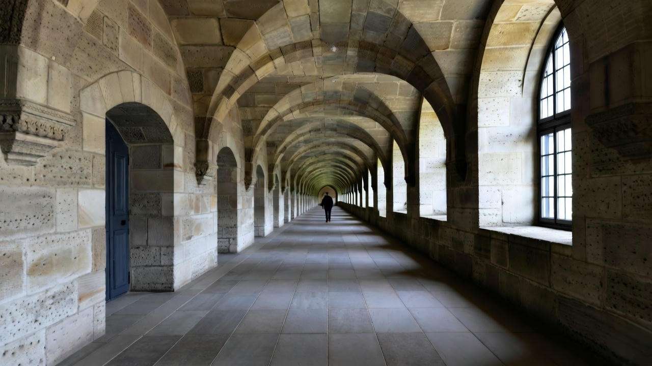 Historic stone corridor of Kronborg Castle inspiring Hamlet apartments.