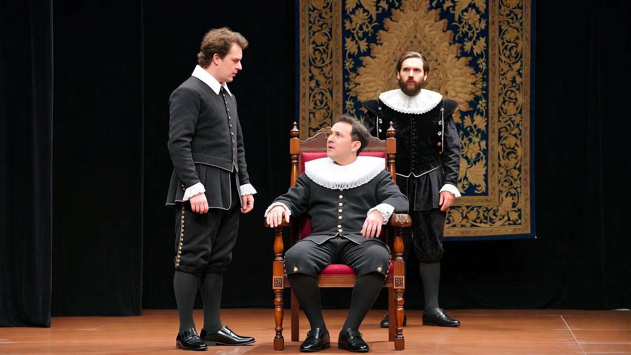 Theatrical stage of Hamlet apartment scene with actors in Elizabethan costumes