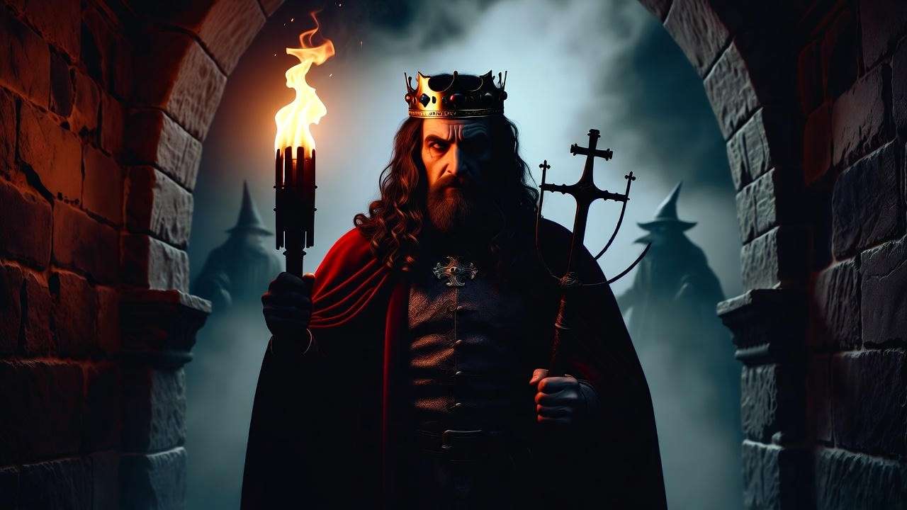 Macbeth in a dark castle during his Act 3 monologue, clutching a barren scepter, surrounded by misty shadows, symbolizing paranoia and ambition.