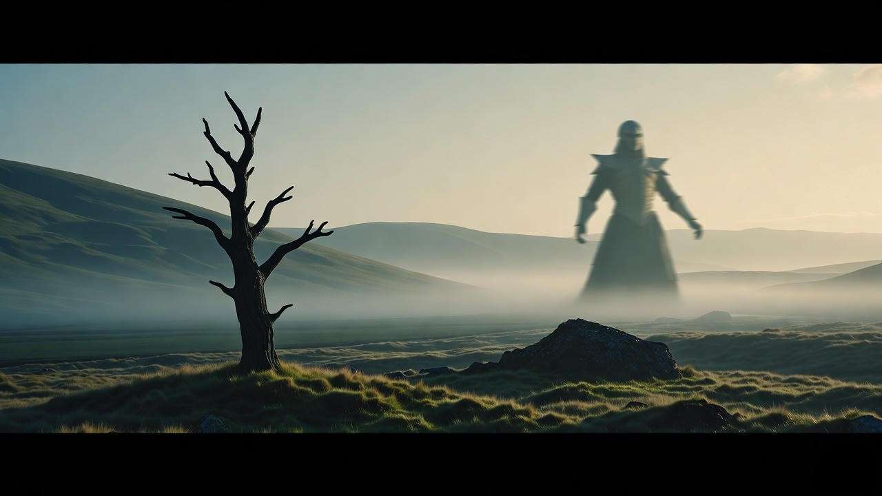 Ghostly figure of Banquo on a foggy Scottish moor, with a barren tree, evoking the monologue in Act 3 of Macbeth and themes of fate and paranoia