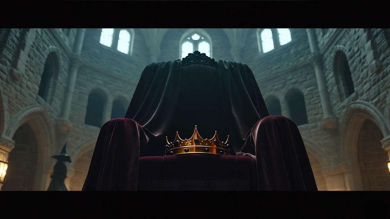 Jacobean castle interior with an empty throne and crown, reflecting the historical context of the monologue in Act 3 of Macbeth.