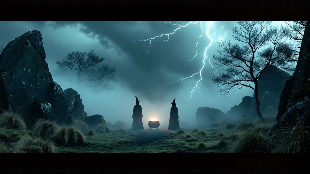 Three shadowy witches on a stormy Scottish heath with a glowing cauldron, evoking Macbeth’s mysterious atmosphere in modern English