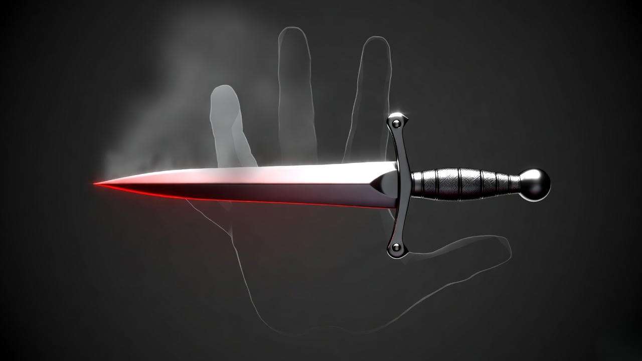 A floating dagger with crimson reflections in a misty void, symbolizing ambition in Macbeth full book modern English.