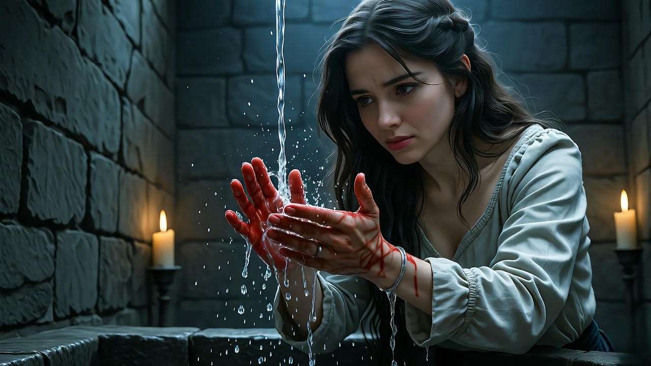 Lady Macbeth washing blood-stained hands in a shadowy chamber, depicting guilt in Macbeth full book modern English.