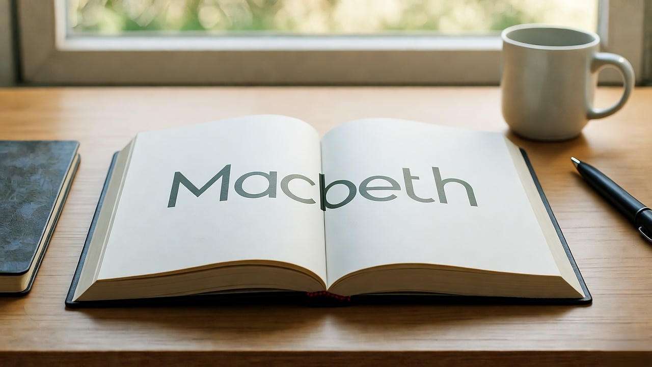 Open Macbeth book in modern English on a study desk with coffee and notebook, highlighting accessible Shakespeare reading.