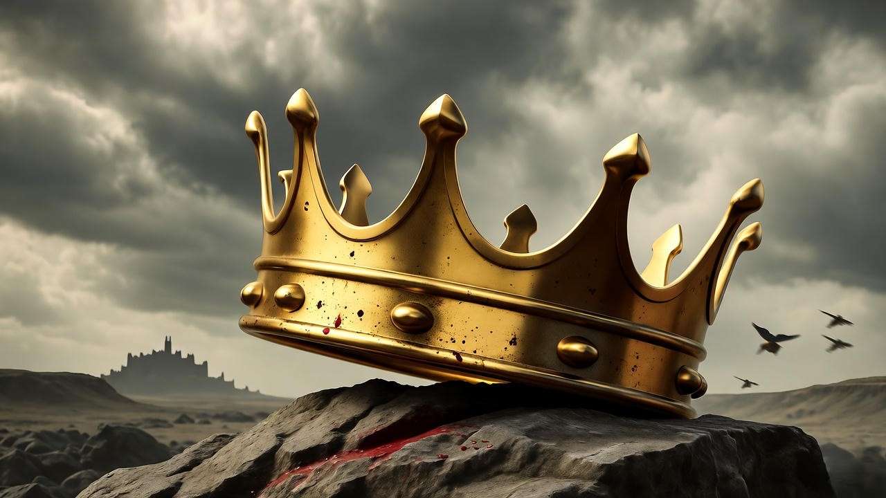  Tarnished crown on a rock in a stormy landscape, symbolizing corrupted power in Macbeth full book modern English.