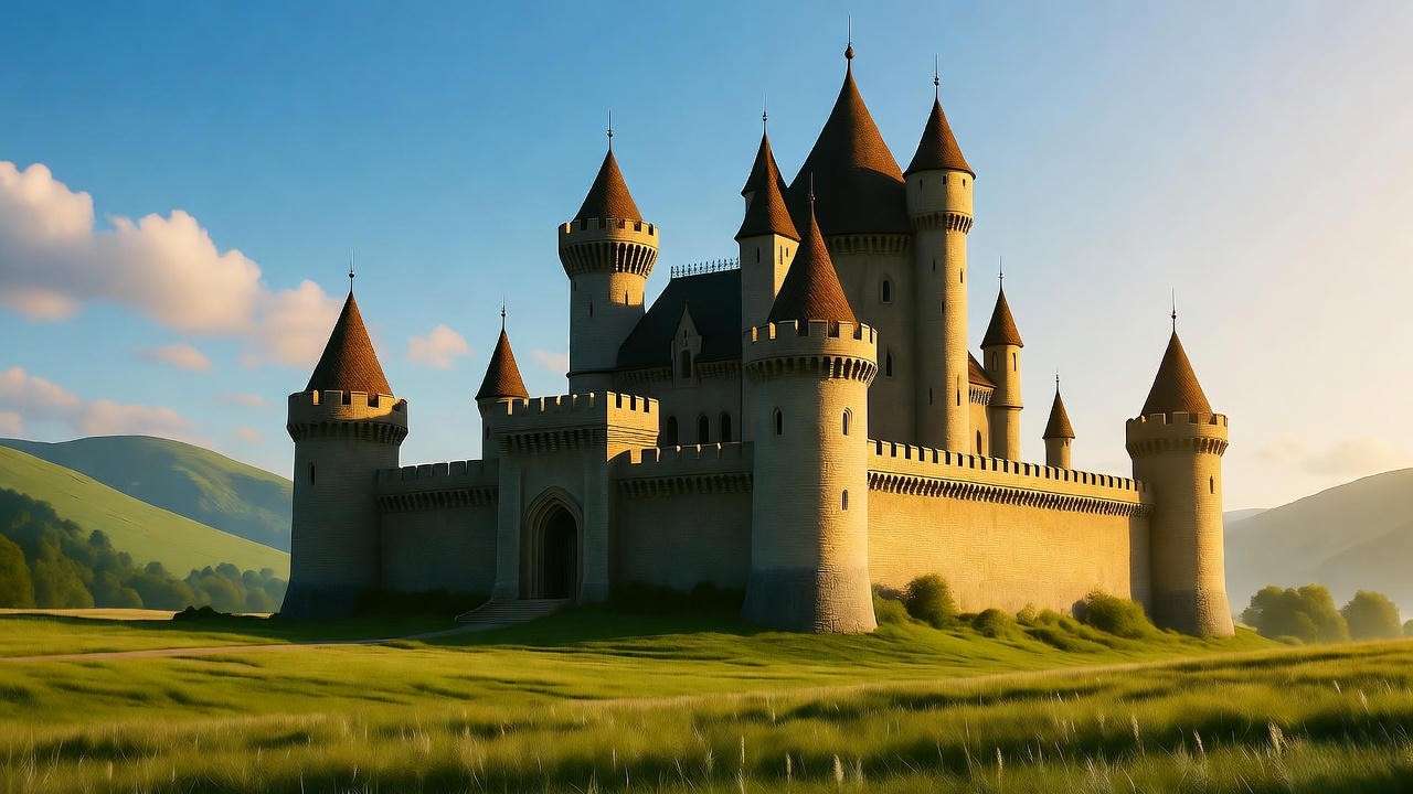 Medieval castle in sunlight with green hills, symbolizing Duncan’s praise in Macbeth.