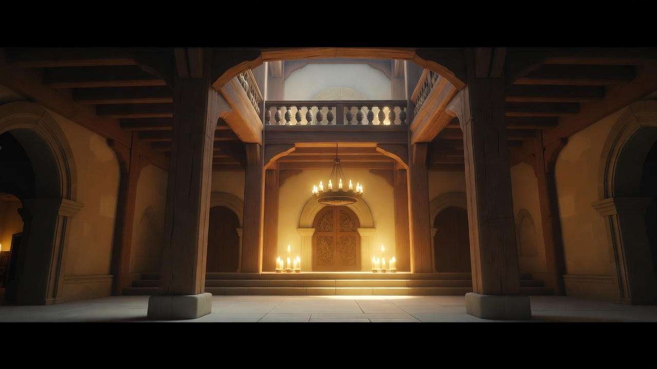 Candle-lit castle interior with shadows, symbolizing hospitality and deception in Macbeth.