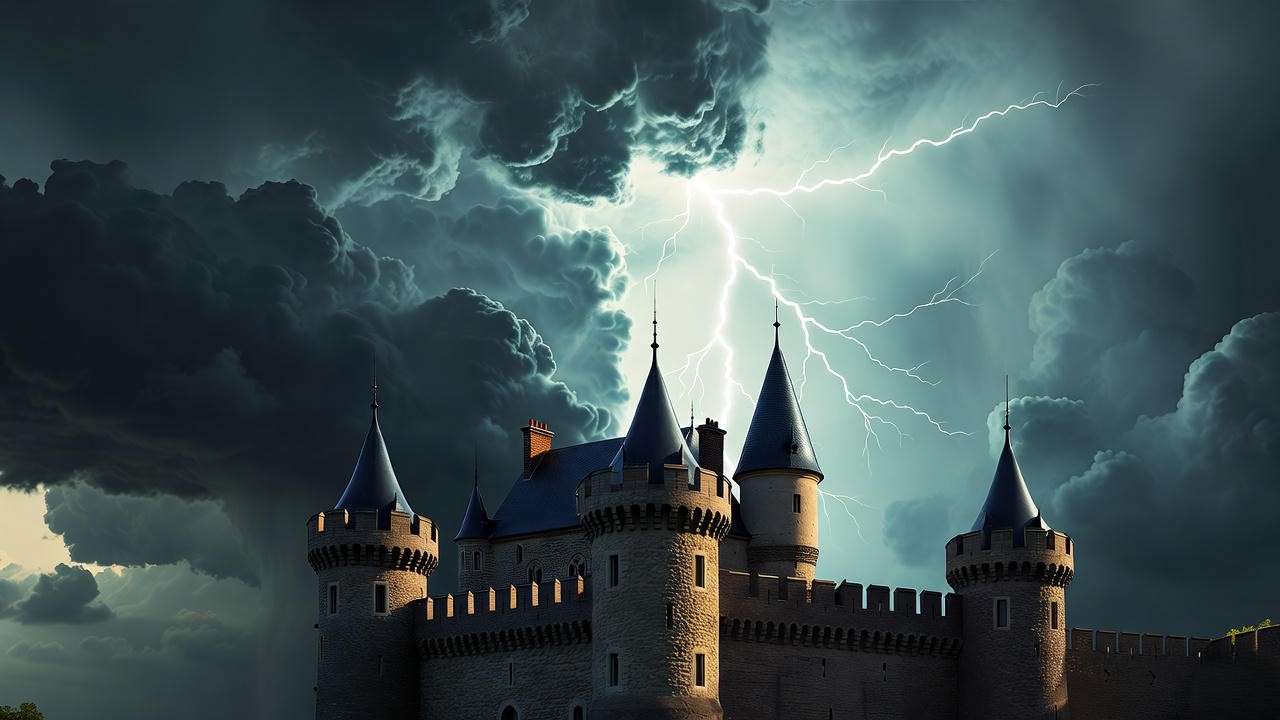 Stormy sky over castle with lightning, foreshadowing in Macbeth’s castle scene