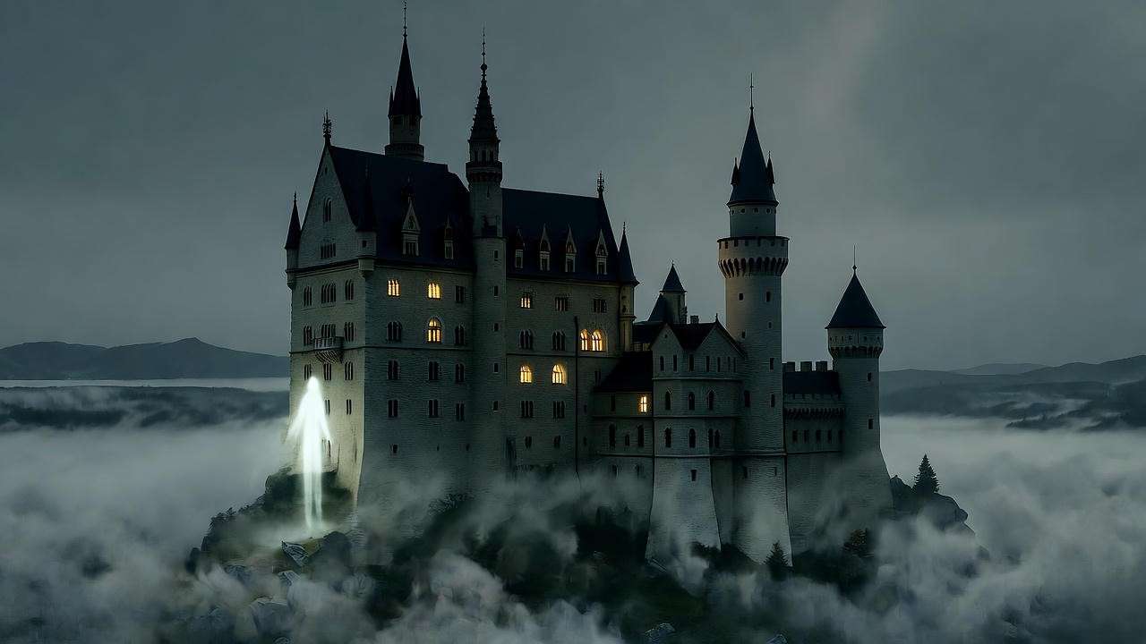 Haunted castle at night with ghostly figure, symbolizing guilt in Macbeth.