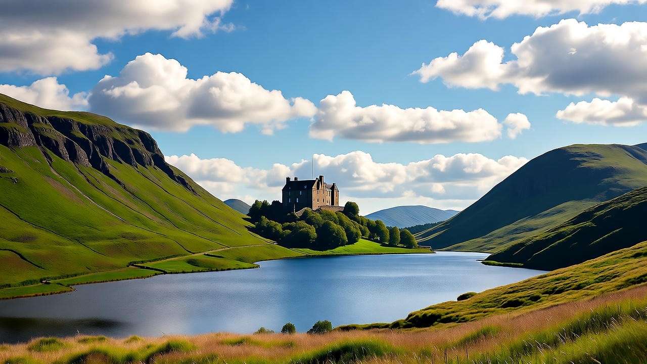 Scottish landscape with distant castle, reflecting Shakespeare’s historical context.
