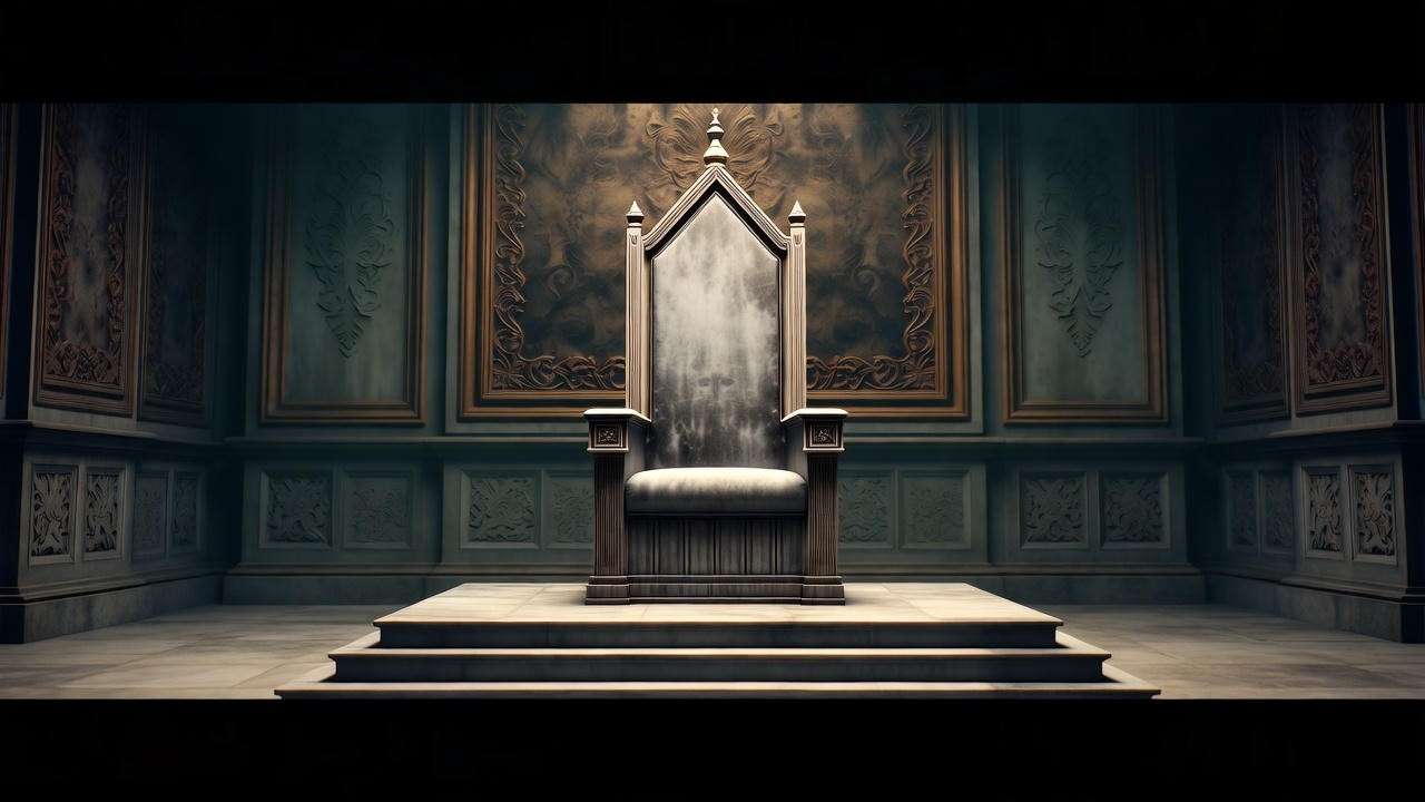 Dim throne room with empty throne, symbolizing disrupted order in Macbe