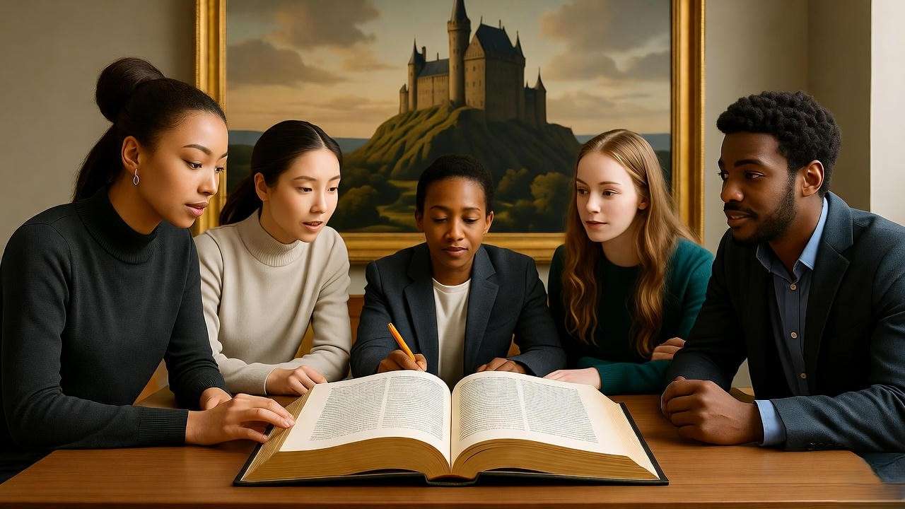 Students studying Macbeth book with castle painting, for teaching analysis.